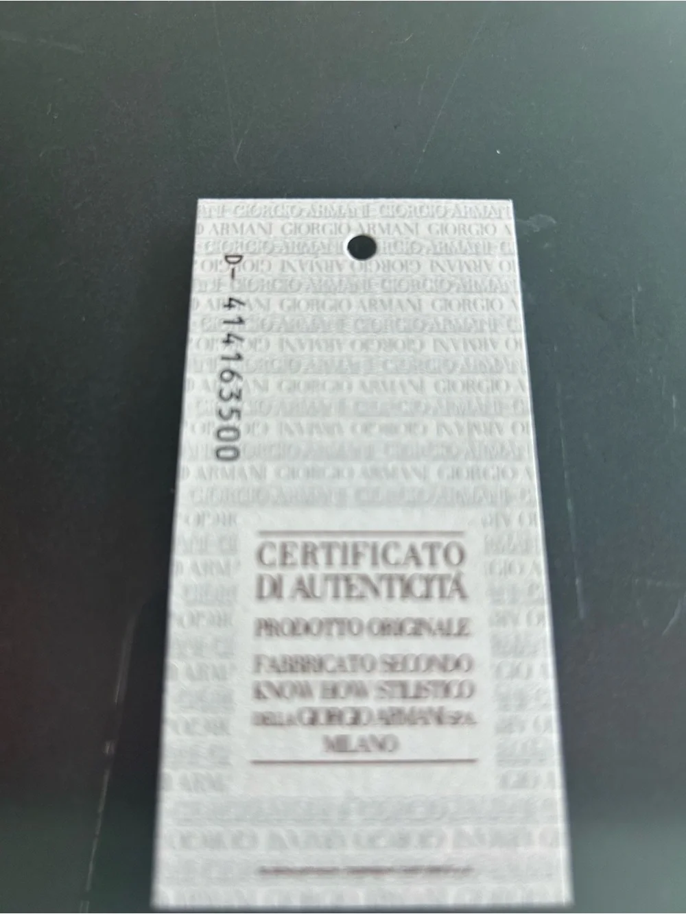 Giorgio Armani certificate clear card